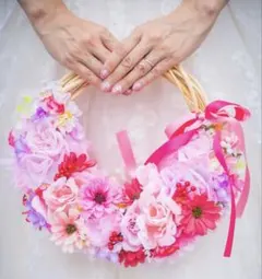 ウェディングブーケ　リース　ピンク　3点セット