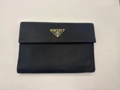 PRADA プラダ 三つ折り財布 キャンバス レザー 三角ロゴプレート ブラック