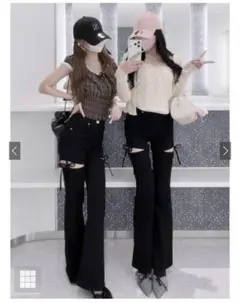 サイドカットアウトリボンフレアパンツ［Cu664］