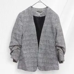 H&M エイチアンドエム ノーカラージャケット グレー系 ツイード風 34