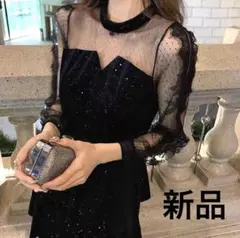 オケージョンワンピース ロング シフォン袖 黒 パーティードレス 結婚式