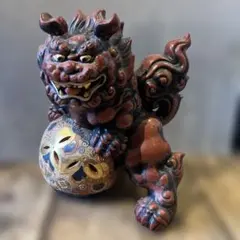 一点もの　九谷焼 玉乗り獅子 狛犬　置物 縁起物 陶器製　高さ約28cm