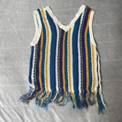 ストライプ Vネック ニットベスト フリンジ付き