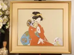 伊東深水 『 手鏡 』 共シール 額装 日本画 美人画 8号 【模写】BJ213