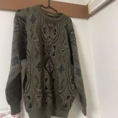 総柄 クルーネック ニット セーター カーキのサムネイル