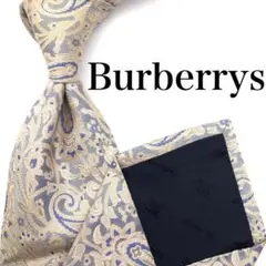 【美品】Burberrys ネクタイ ペイズリー白 ブルー 光沢感 ホースロゴ
