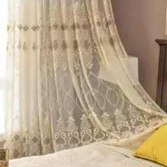 ベージュ刺繍入りレースカーテン【2枚入り】【1枚幅200cm】のサムネイル