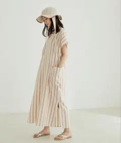 アダムエロペ　ワンピース　夏　白　ストライプ　オレンジ　美品