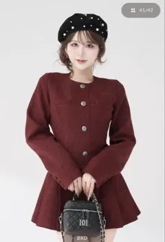 ダーリッチ　ボックスプリーツツイードミニワンピース　F-L ボルドー