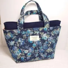 あおりポケット付きミニトートバッグ ブルー系ローズ柄（ハンドメイド）