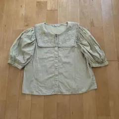 ZARA カーキビッグカラーブラウス ビーズ刺繍Ｍ