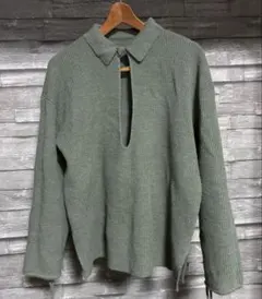 【大きいサイズ】ロングスリーブ　セーター　ニット　紐付き　くすみグリーン