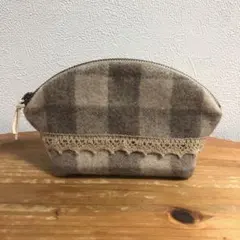 ラウンドポーチ(ウールギンガムチェックベージュ) ハンドメイドポーチ