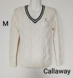 美品　キャロウェイ　Vネックケーブル編みセーター　M　ラメ入り　ウール混