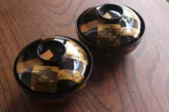 デッドストック！端正な黒漆に極上菊蒔絵の映える煮物椀2点（検輪島塗