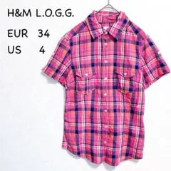 H&M L.O.G.G. マドラスチェック柄 半袖ワークシャツ S ピンク