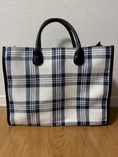 チェック柄トートバッグ 大容量 ホワイト×ネイビー