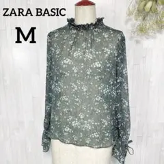 ZARA　BASIC　花柄 シアーブラウス 長袖 フリルネック フリル袖　リボンのサムネイル