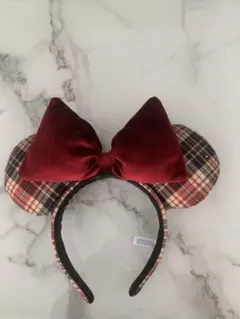 ディズニー ミニーマウス カチューシャ チェック ベロア 赤