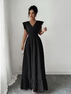 ロングワンピース　M　ブラック　黒　シンプル　無地　フリル袖　マキシ丈