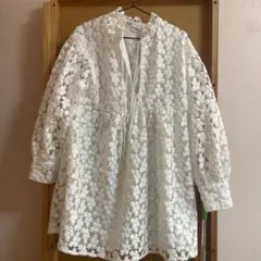 ZARA 花柄レース ミニワンピース 長袖 ホワイト　刺繍