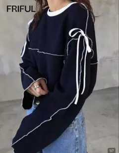 FRIFUL オーバーサイズラウンドネック コントラストカラー リボンTシャツ