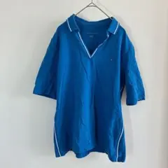 TOMMY トミーヒルフィガー ポロシャツ スキッパー スリット ５分袖 L 青