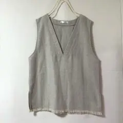 グレー系 Vネック ベスト フリンジヘム