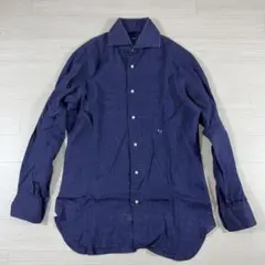 【美品】バルバ リネン100% 長袖ドレスシャツ ネイビー 39/15.5 M