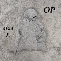 OP (L) 長袖パーカー プルオーバー カットオフ 刺繍 ショート丈 裏起毛