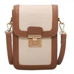 新品 クロコ調 スマホポーチ バイカラー 差し込み錠 白×茶 コンビ ショルダー