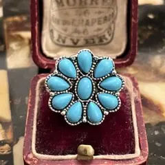 英国　イギリス　ヴィンテージ　花　トルコ石風　銀色　シルバー　リング　19号