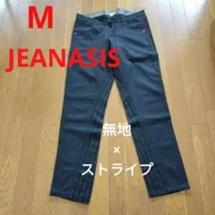 ジーナシス　ブラック　ストレートパンツ　前後アシメデザイン　無地×ストライプ