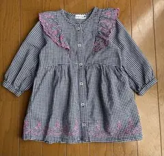 branshes 90cm ピンク刺繍ネイビーギンガムチェックワンピース