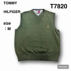 【T7820】TOMMY HILFIGER コットンニットベストM グリーン