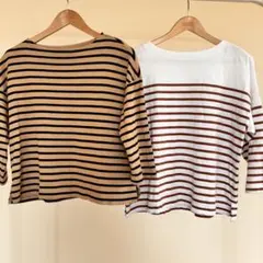 無印良品MUJI ボーダーボートネック七分袖Ｔシャツ【M-L】ベージュ×ブラック