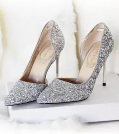 Lace Ladies グリッターラメポインテッドトゥピンヒールパンプス