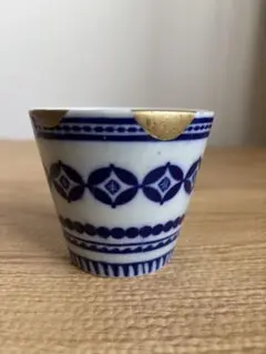蕎麦猪口 染付 印判 5客 花唐草 歪み 明治 大正 蕎麦猪口 染付 印判 5客 花唐草 歪み 明治 大正