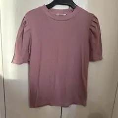 リブ編みパフスリーブTシャツ M ピンク