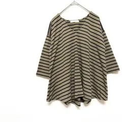 【ショコラフィネローブ】カットソー F オリーブ ボーダー フレア袖 Vネック