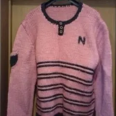 手編み　ピンク ストライプ ニットセーター