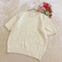 【RENOWN レナウン】透かし編み 半袖ニットサマーセーター イエロー Ｍ