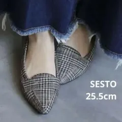 【SESTO】ポインテッドトゥ ローヒールローファー チェック柄 大きいサイズ