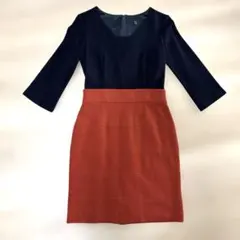 【美品ICB】黒と赤のVネックワンピース 9号 日本製 毛100% 春秋冬用