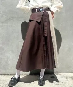 【NICOLE CLUB】プリーツMIXフレアスカート ベルト付き