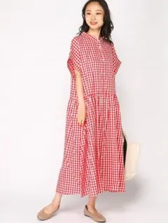 サマンサモスモス ギンガムチェック　コットンギャザーワンピース　レッド