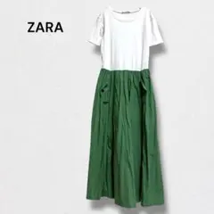 ザラ ドッキングワンピース ロング丈 半袖 ポケット付 カットソー 綿混 M