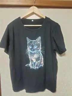 猫プリント 黒 Tシャツ Lサイズ