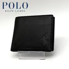 【美品】ラルフローレン レザー カーフ 二つ折り財布 型押しロゴ ブラック 黒