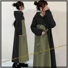 ✨オークション✨【～M,L】バイカラー　カーゴ風切替ロング丈パーカーワンピース